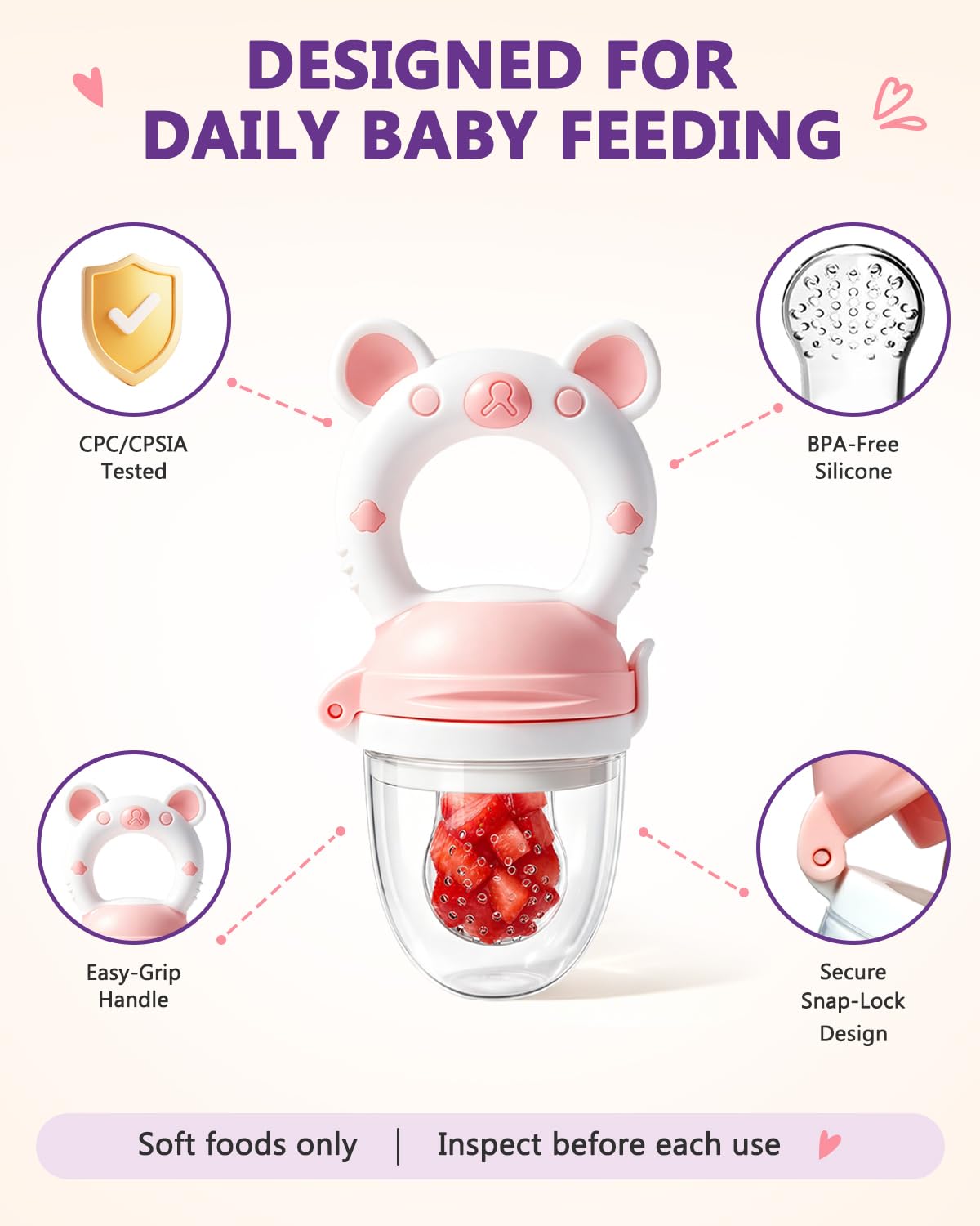 Baby Solids/Frozen Fruit Feeder Pacifier, Infant Teether Toy 4M+, BPA-Free Silicone Pouch & Nipple, Safely Introduce Solids, Teething Relief, 2-Pack