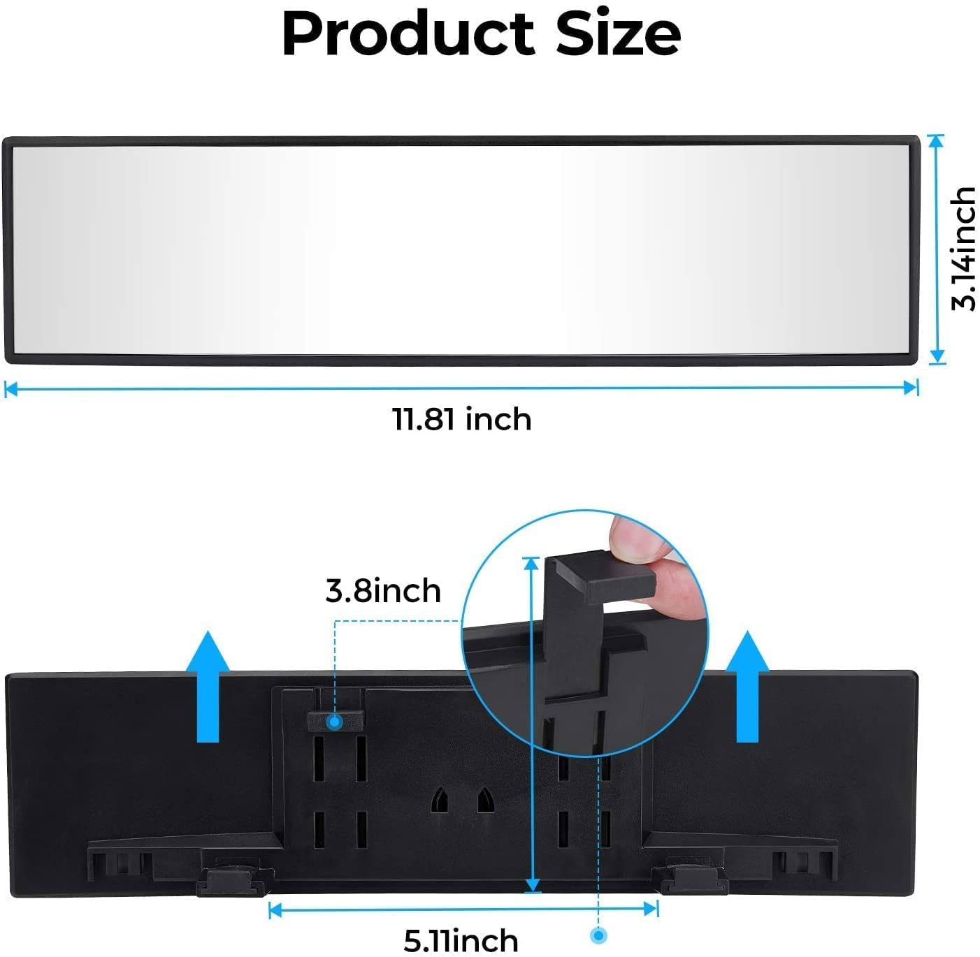 JOYTUTUS Panoramic Rear View Mirror, 12 Inch Wide Angle Clip On Mirror, Universal Car Interior Accessories, Convex Interior Mirror Reduces Blind Spot, Clear Vision Fits Car SUV Trucks