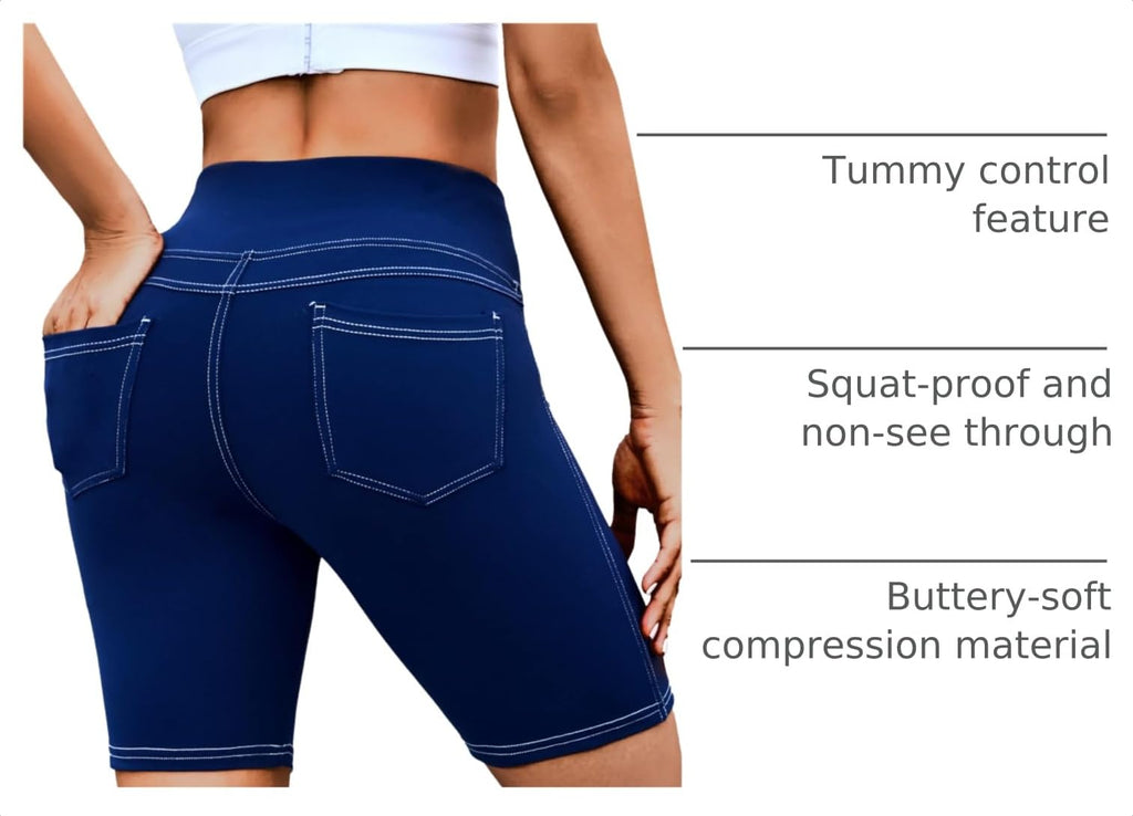 VOOVEEYA 5"/8" High Waisted Yoga Biker Shorts with Pockets for Women - Tummy Control Workout Spandex Gym Shorts(Navy Blue-L)