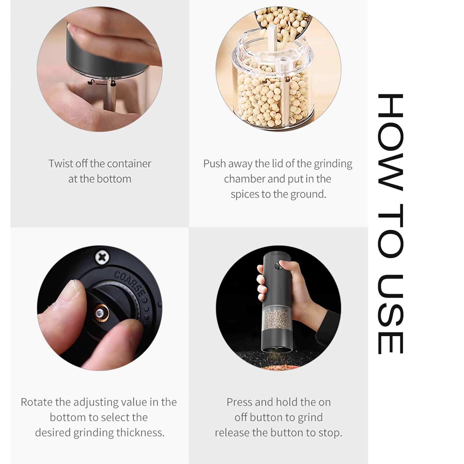 Electric Salt and Pepper Grinder,Spice Mill, One Hand Automatic Pepper Mill, Adjustable Coarseness, Grinder Shakers with LED Light