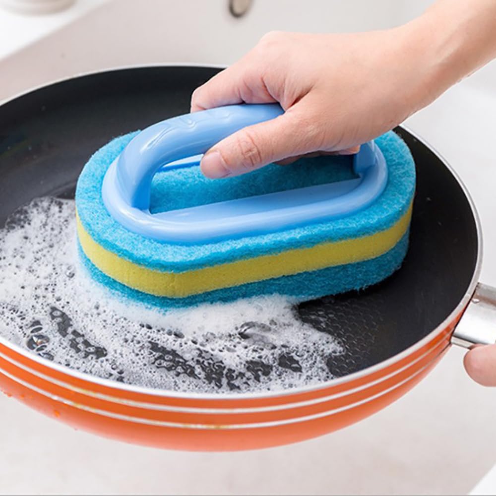 Multifunctional Cleaning Brush with Handle, Thick Sponge Scrubber for Kitchen, Bathroom, Bathtub, Sink & Floor, 1 Pack Blue