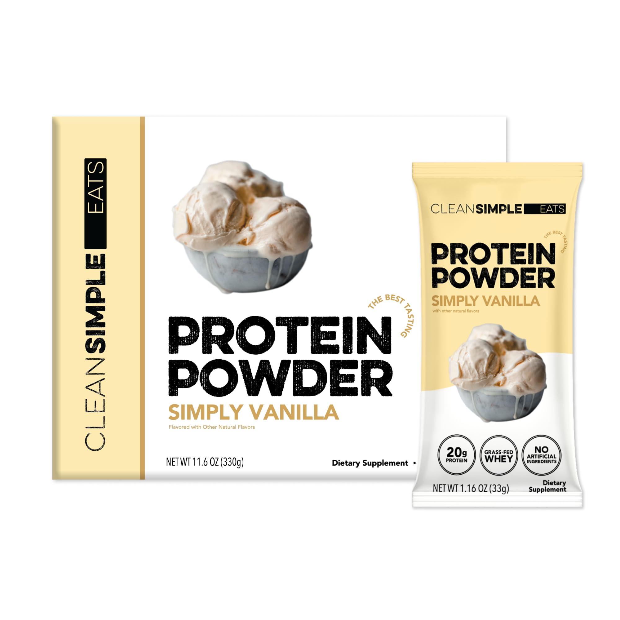 Clean Simple Eats Whey Isolate Protein Powder, Simply Vanilla, Naturally Sweetened, Zero Added Sugar, 20g 100% Grass Fed Protein Powder with Digestive Enzymes, Gluten Free, Non GMO, 10 Stick Packs