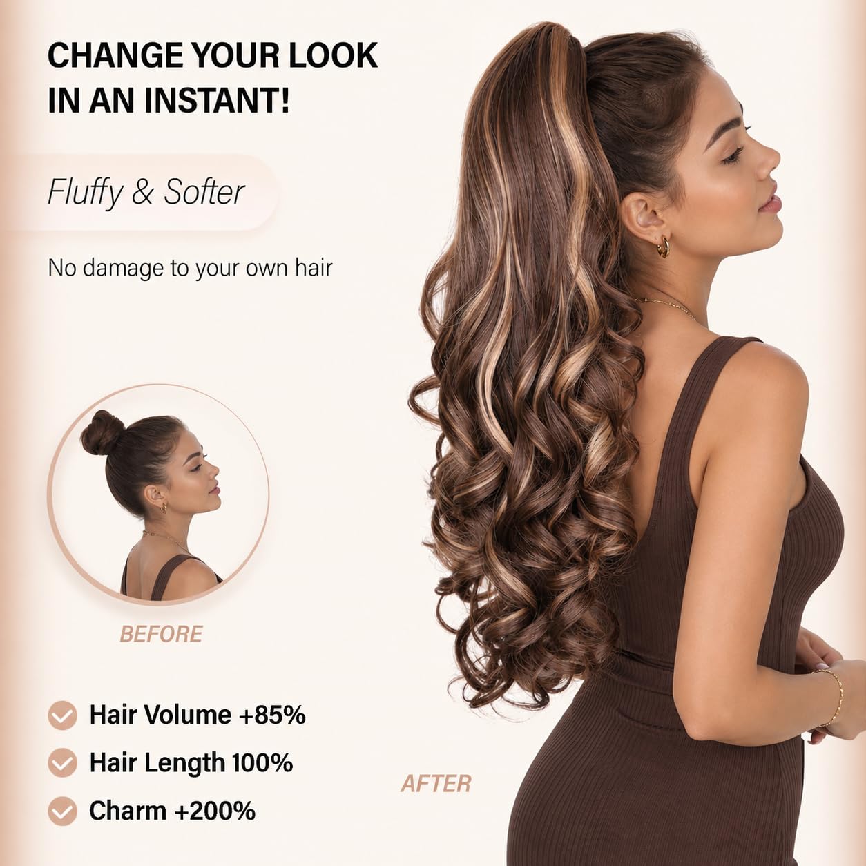 24 Inch Ponytail Extension, Layered Ponytail Extensions for Women, Soft Wavy Claw Clip in Ponytail Extension, Natural Synthetic Hair Pieces for Women (Color: Dark Brown with Honey Blonde Highlights)