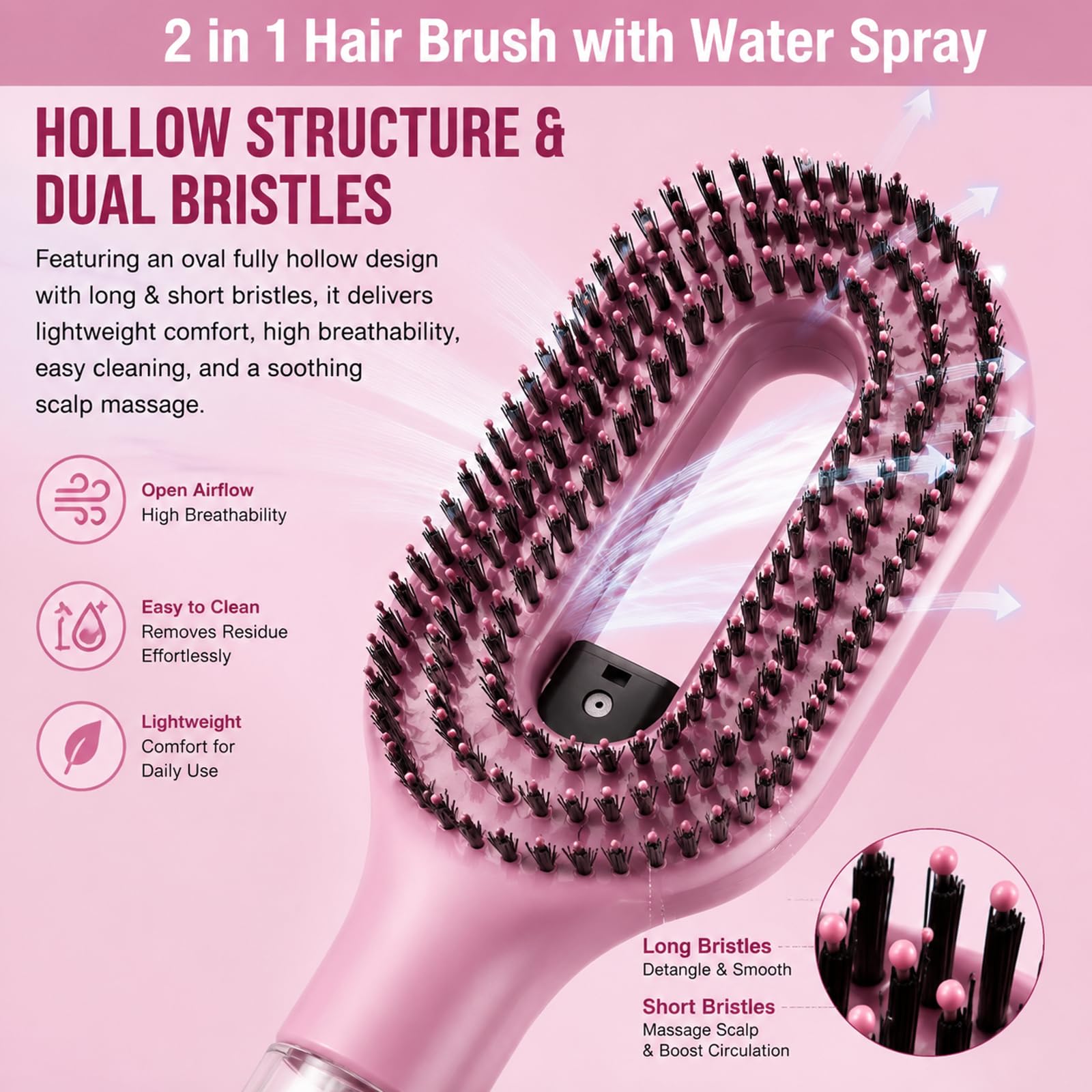 2 in 1 Hair Brush with Water Spray, Misting Brush for Mixed Hair, One-Touch Anti-Flyaway Spray Comb, Simplify Your Haircare, Spraying Hairbrush for Smoother Softer Beard Hair (AquaBrush Rose Pink)