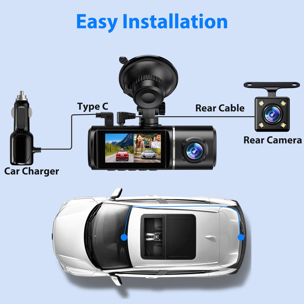 Dash Cam Front and Rear, 1296P Dash Camera for Cars, 3 Channel Car Camera Front Rear and Inside with 32GB Card, Loop Recording, Night Vision, HDR, 24Hr Parking, G-Sensor