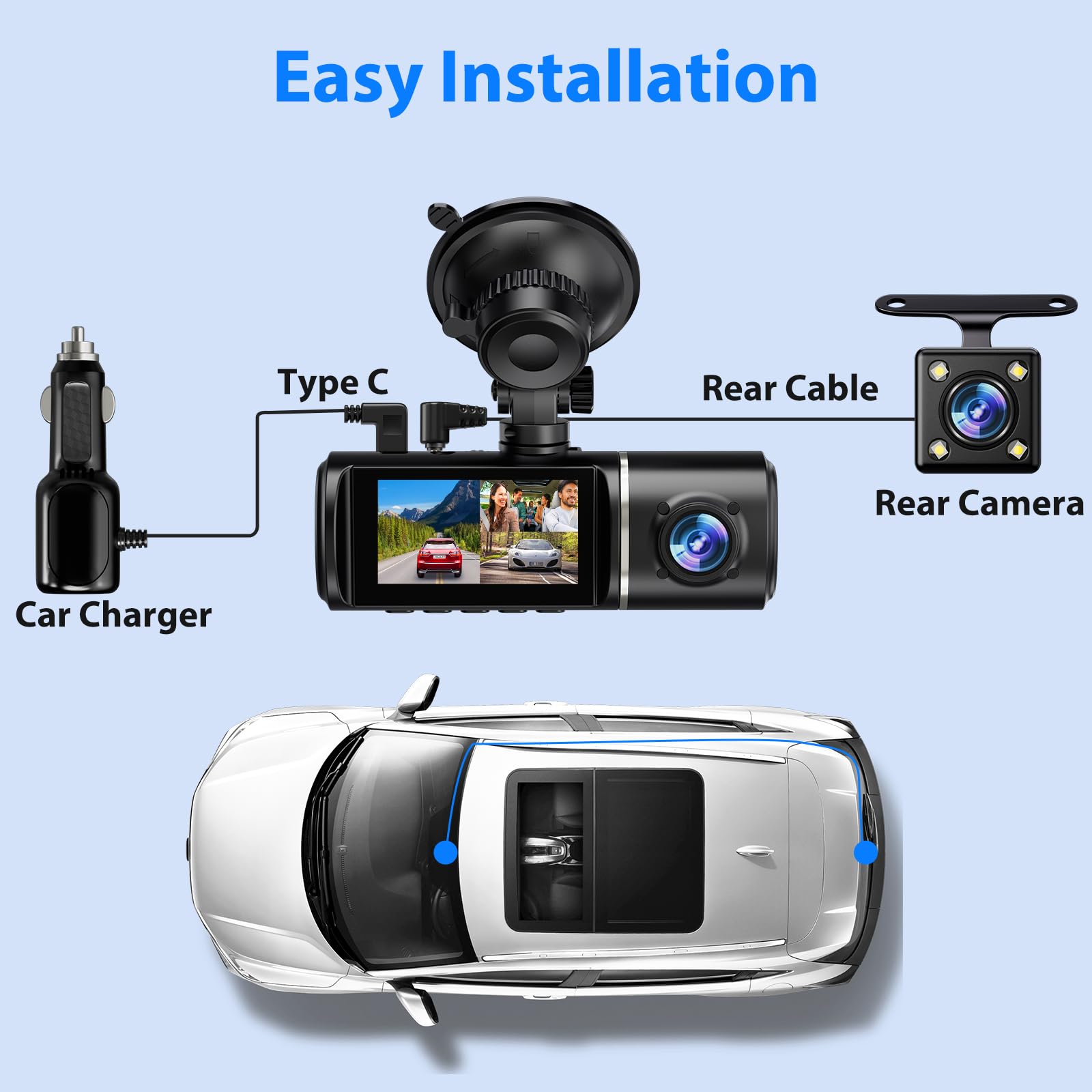 Dash Cam Front and Rear, 1296P Dash Camera for Cars, 3 Channel Car Camera Front Rear and Inside with 32GB Card, Loop Recording, Night Vision, HDR, 24Hr Parking, G-Sensor