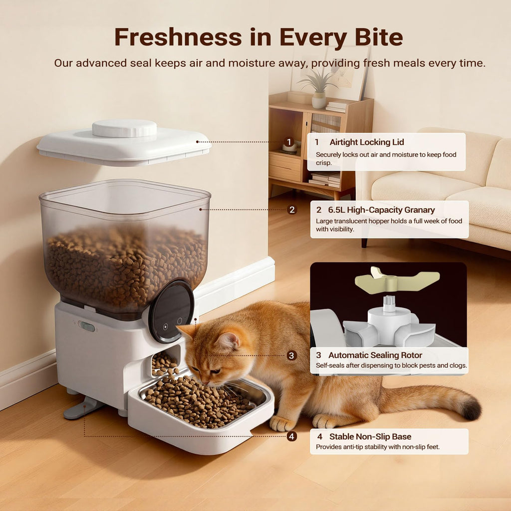 6.5L Automatic Cat Feeder, Smart Pet Food Dispenser for Cats & Dogs, WiFi Enabled, Freshness Preservation, Anti-Clogging Design & Dual Power Supply