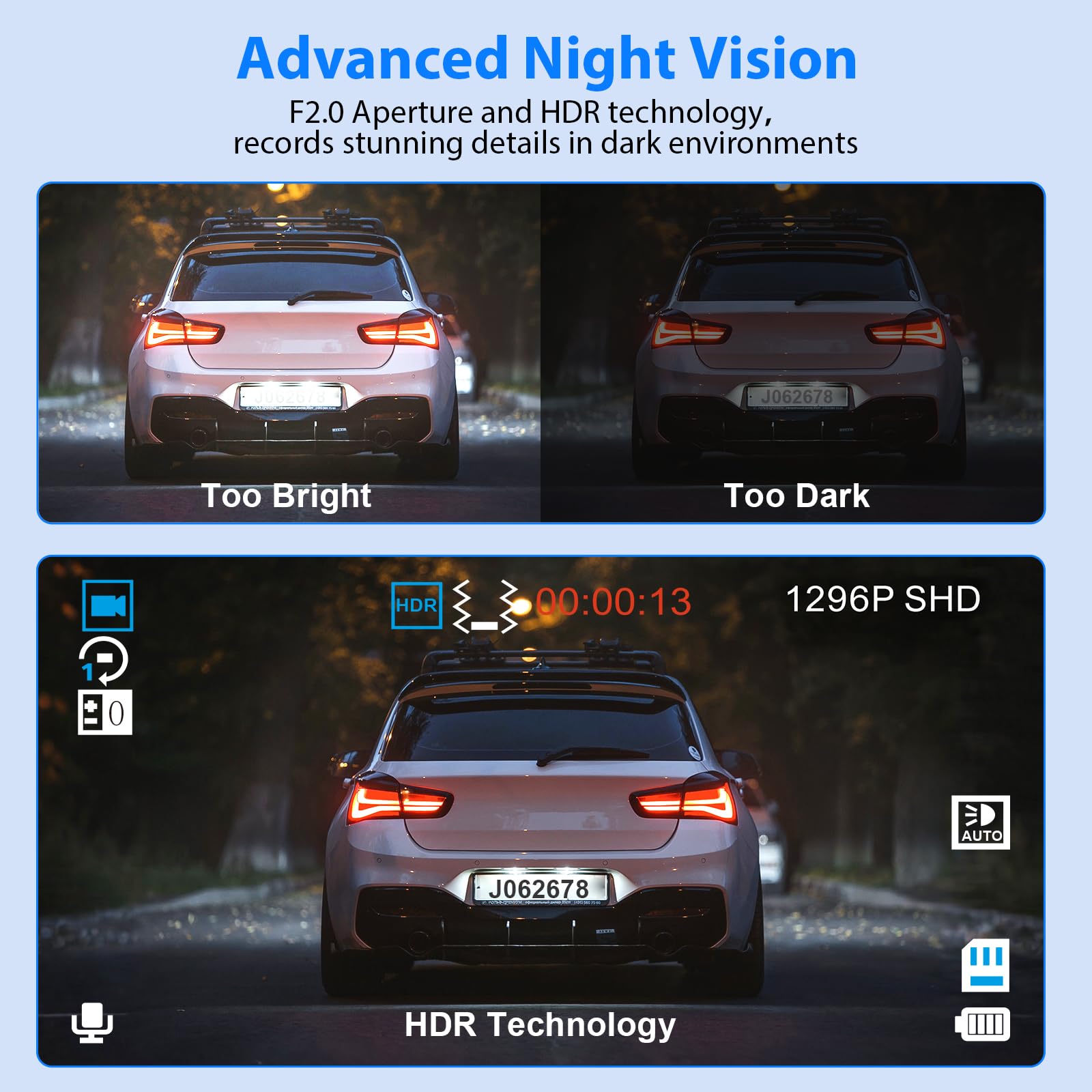 Dash Cam Front and Rear, 1296P Dash Camera for Cars, 3 Channel Car Camera Front Rear and Inside with 32GB Card, Loop Recording, Night Vision, HDR, 24Hr Parking, G-Sensor