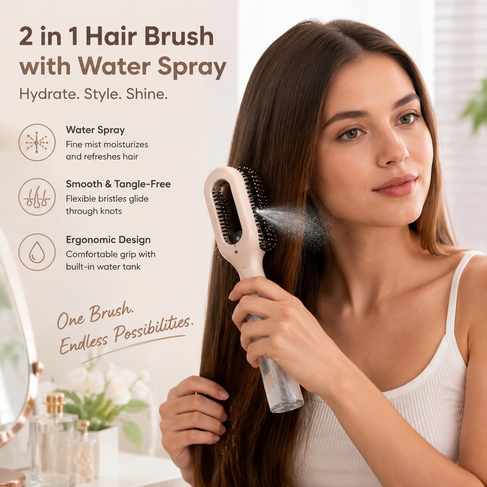 2 in 1 Hair Brush with Water Spray, Misting Brush for Mixed Hair, One-Touch Anti-Flyaway Spray Comb, Simplify Your Haircare, Spraying Hairbrush for Smoother Softer Beard Hair (AquaBrush Rose Pink)