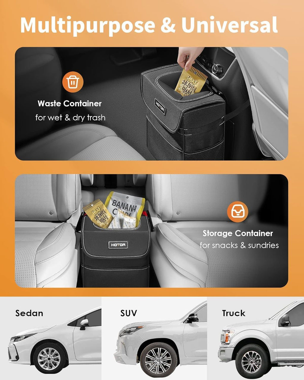 HOTOR Car Trash Can, Leak-Proof Car Organizer, Black