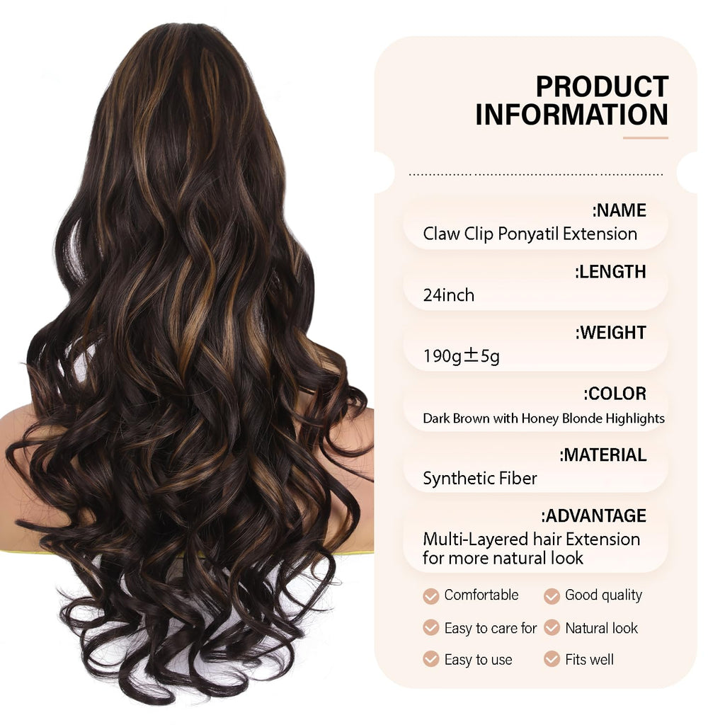 24 Inch Ponytail Extension, Layered Ponytail Extensions for Women, Soft Wavy Claw Clip in Ponytail Extension, Natural Synthetic Hair Pieces for Women (Color: Dark Brown with Honey Blonde Highlights)