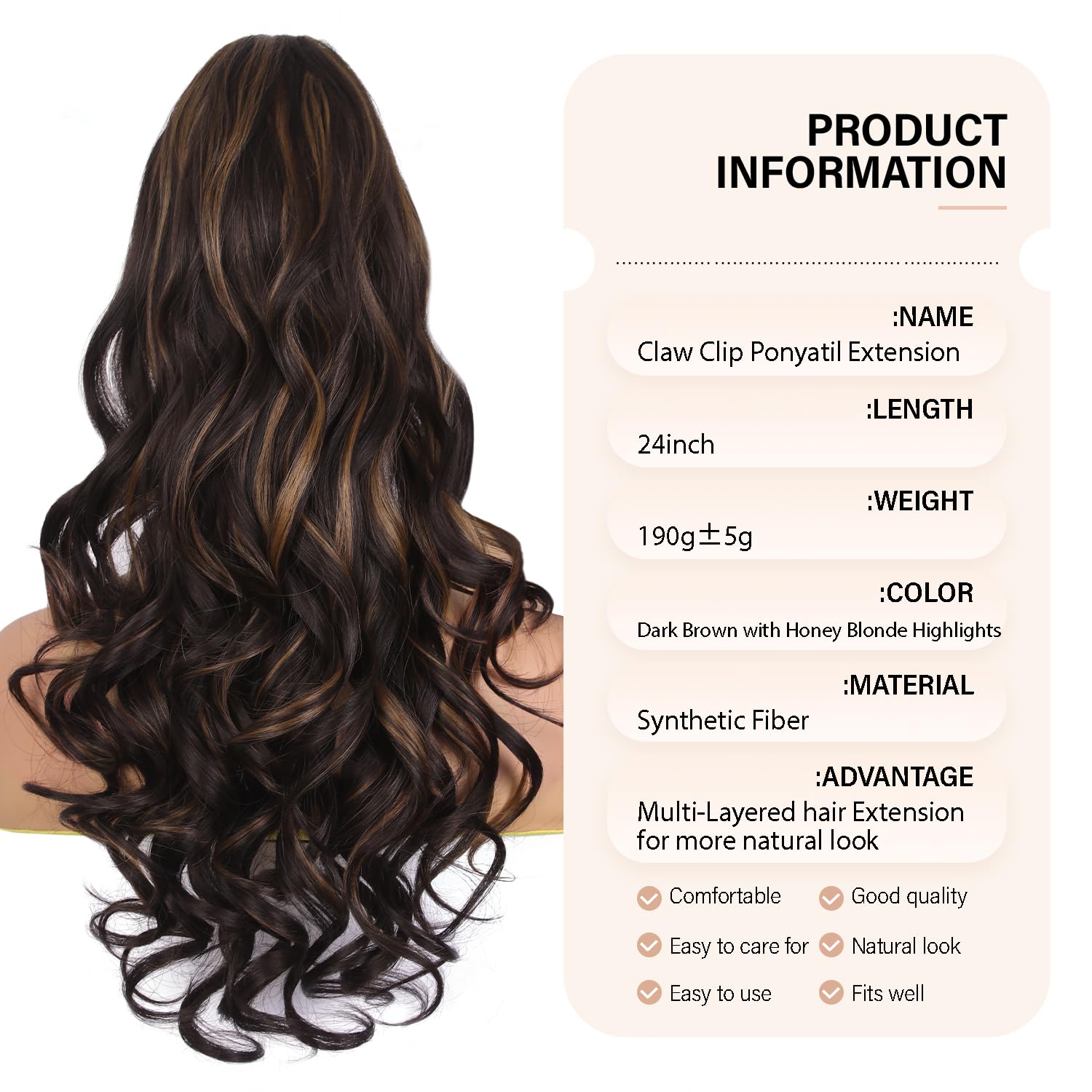 24 Inch Ponytail Extension, Layered Ponytail Extensions for Women, Soft Wavy Claw Clip in Ponytail Extension, Natural Synthetic Hair Pieces for Women (Color: Dark Brown with Honey Blonde Highlights)