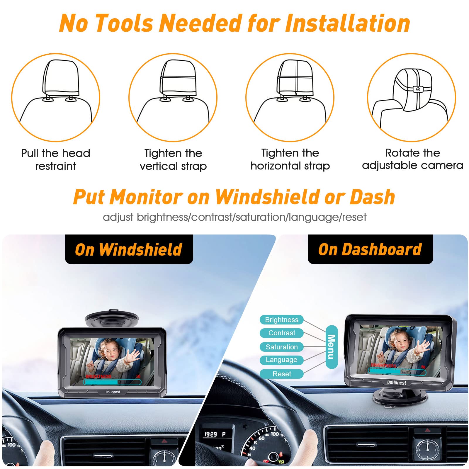 DoHonest Baby Car Camera HD 1080P - Rear-Facing Car Baby Monitor with Night Vision, Adjustable View Angle, Easy Setup, Anti-Glare Display, Safety for Kids & Infants