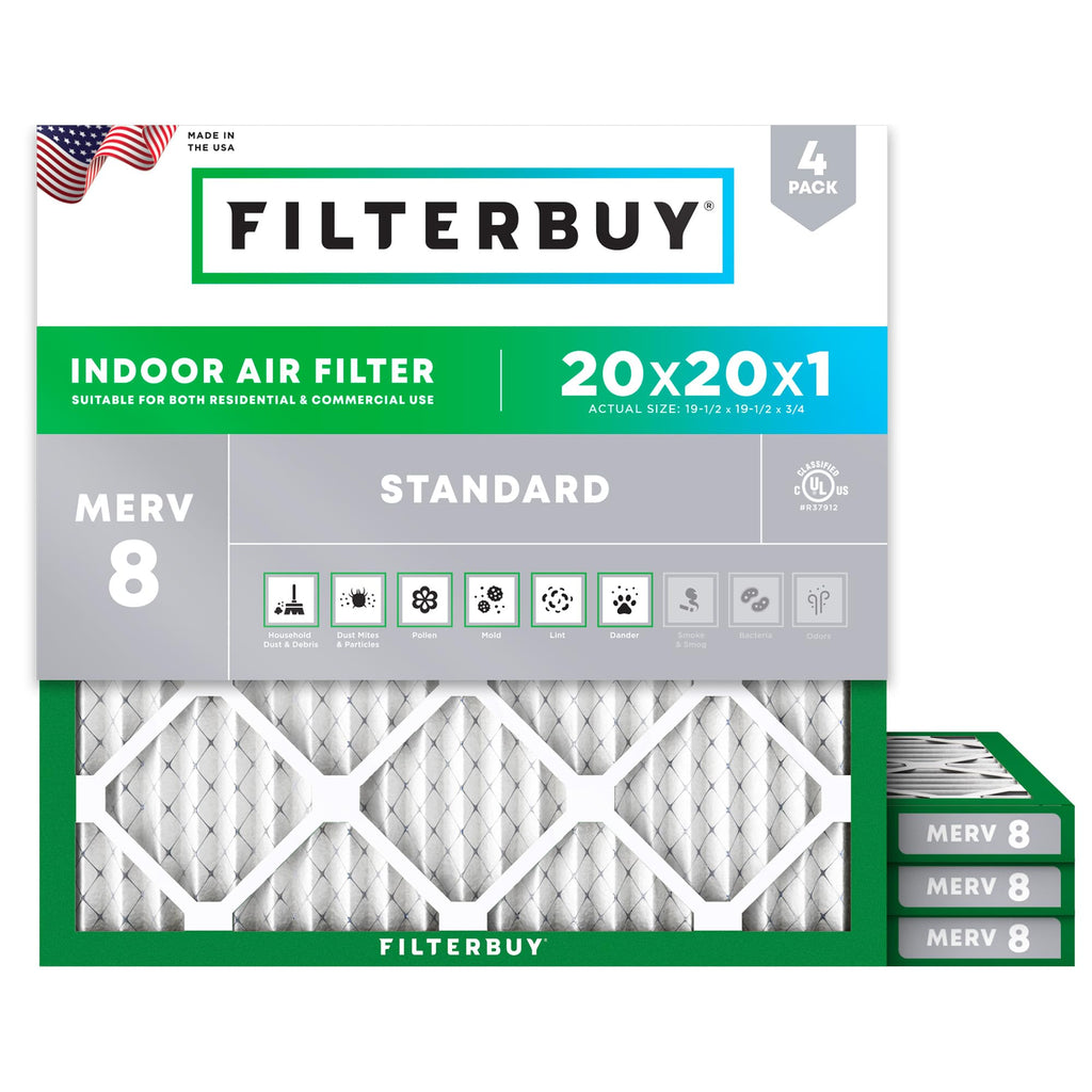 Filterbuy 20x20x1 Air Filter MERV 8 Dust & Allergy Defense (4-Pack)