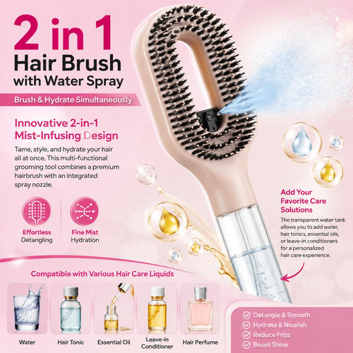 2 in 1 Hair Brush with Water Spray, Misting Brush for Mixed Hair, One-Touch Anti-Flyaway Spray Comb, Simplify Your Haircare, Spraying Hairbrush for Smoother Softer Beard Hair (AquaBrush Rose Pink)