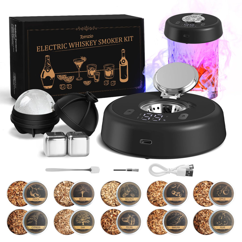 Electric Whiskey Smoker Kit, Torch-Free Rechargeable Cocktail Smoker with 7 Color Lights, Portable Drink Smoker with 10 Wood Chips, Ice Molds & Steel Cubes, Great Gift Idea for Whiskey Lovers