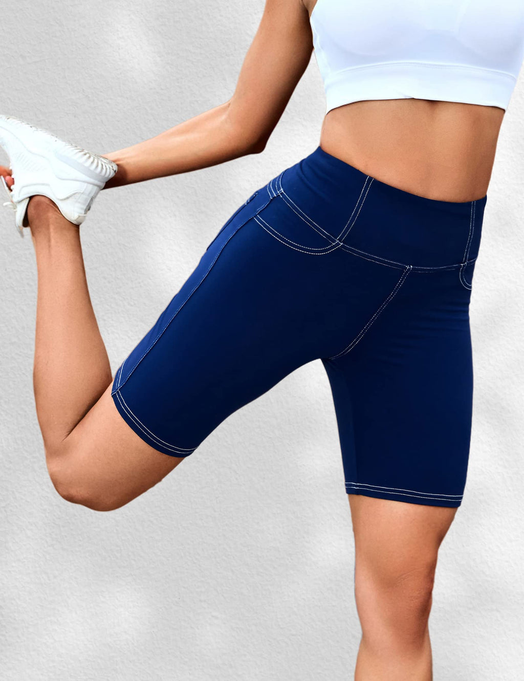 VOOVEEYA 5"/8" High Waisted Yoga Biker Shorts with Pockets for Women - Tummy Control Workout Spandex Gym Shorts(Navy Blue-L)