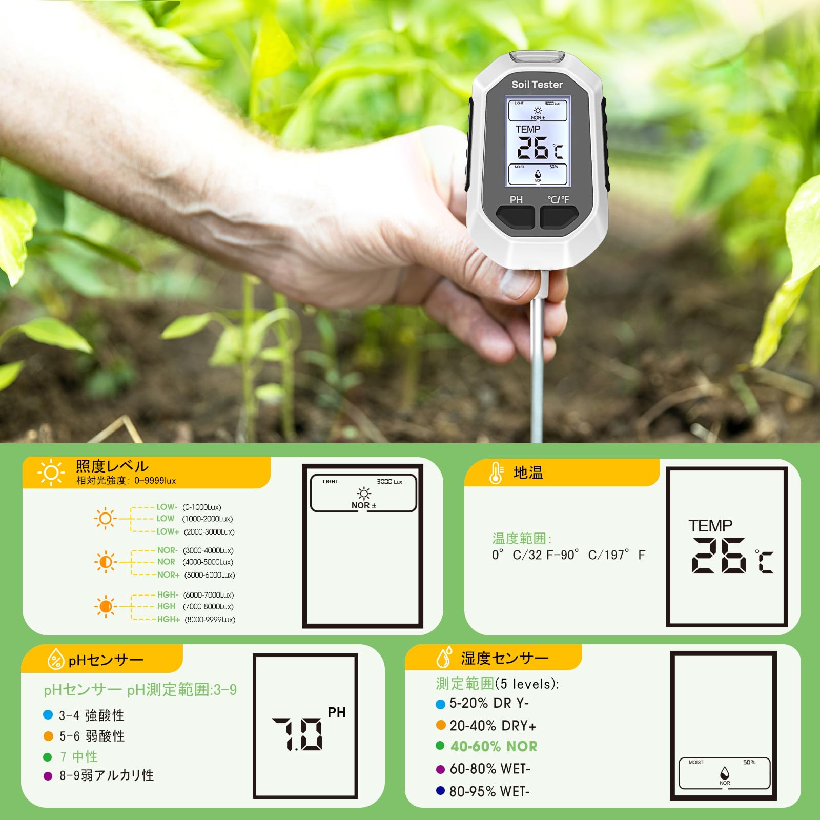 YAMRON 4-in-1 Soil Moisture Meter Digital Plant Temperature/Soil Moisture/pH Meter/Sunlight Intensity Backlight LCD Display Soil Test Meter for Gardening, Farming and Outdoor Plants