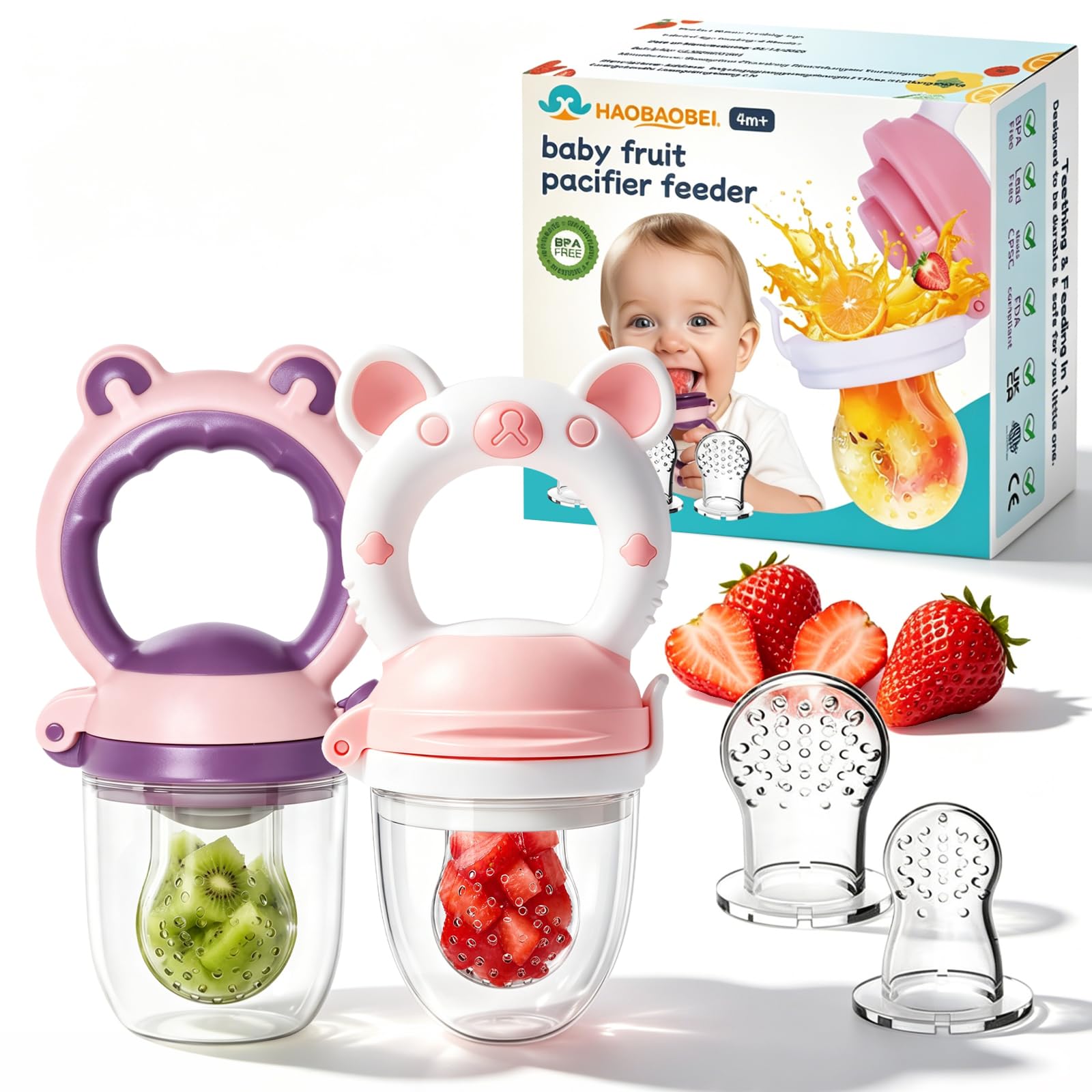 Baby Solids/Frozen Fruit Feeder Pacifier, Infant Teether Toy 4M+, BPA-Free Silicone Pouch & Nipple, Safely Introduce Solids, Teething Relief, 2-Pack