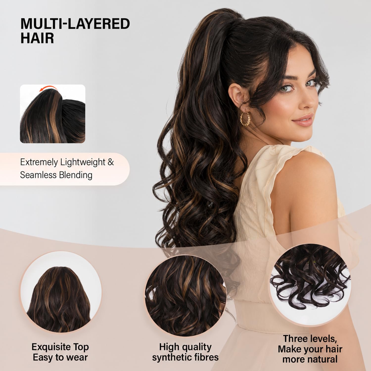 24 Inch Ponytail Extension, Layered Ponytail Extensions for Women, Soft Wavy Claw Clip in Ponytail Extension, Natural Synthetic Hair Pieces for Women (Color: Dark Brown with Honey Blonde Highlights)