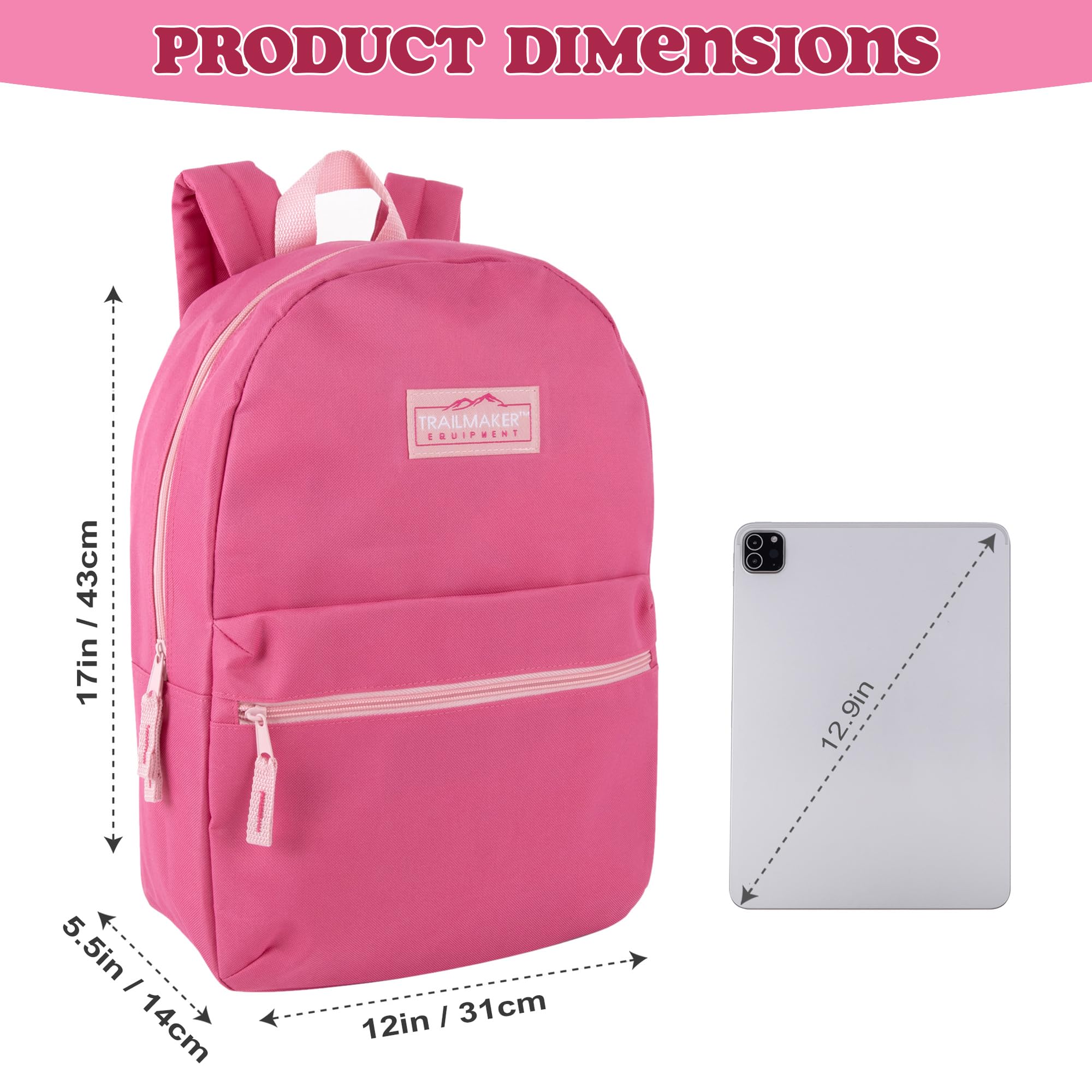 Trail maker Classic 17 inch Backpacks with Adjustable Padded Straps | School Backpacks for Girls, Boys (Pink)