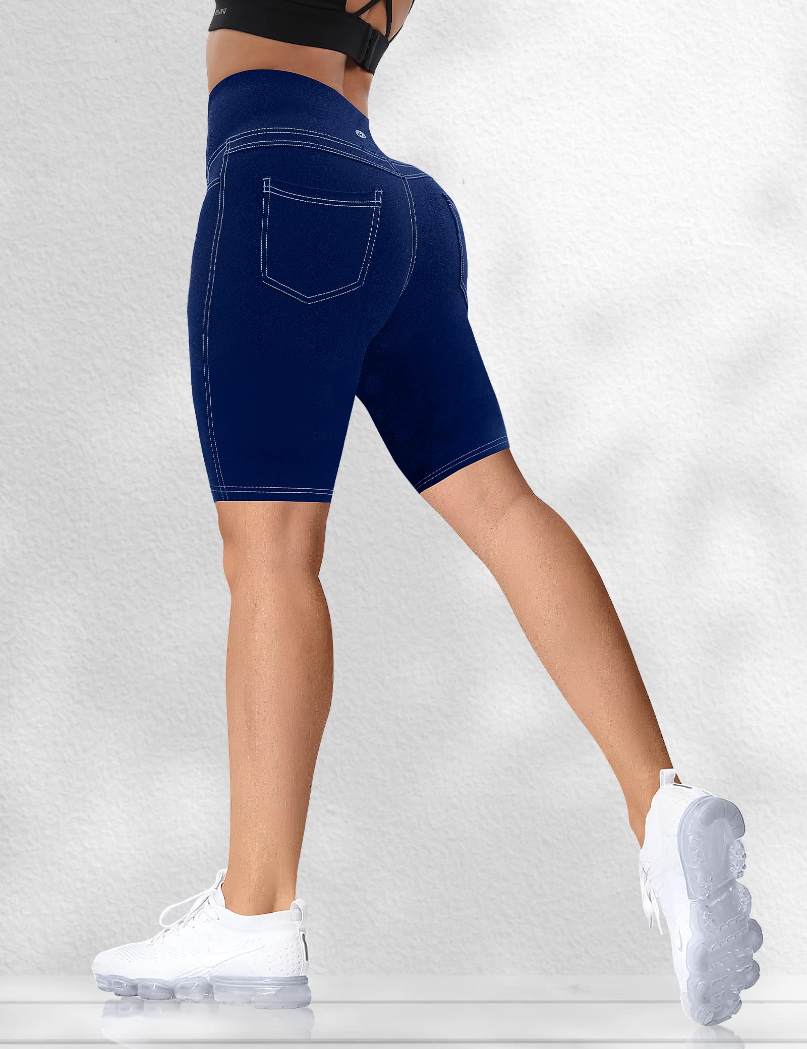 VOOVEEYA 5"/8" High Waisted Yoga Biker Shorts with Pockets for Women - Tummy Control Workout Spandex Gym Shorts(Navy Blue-L)