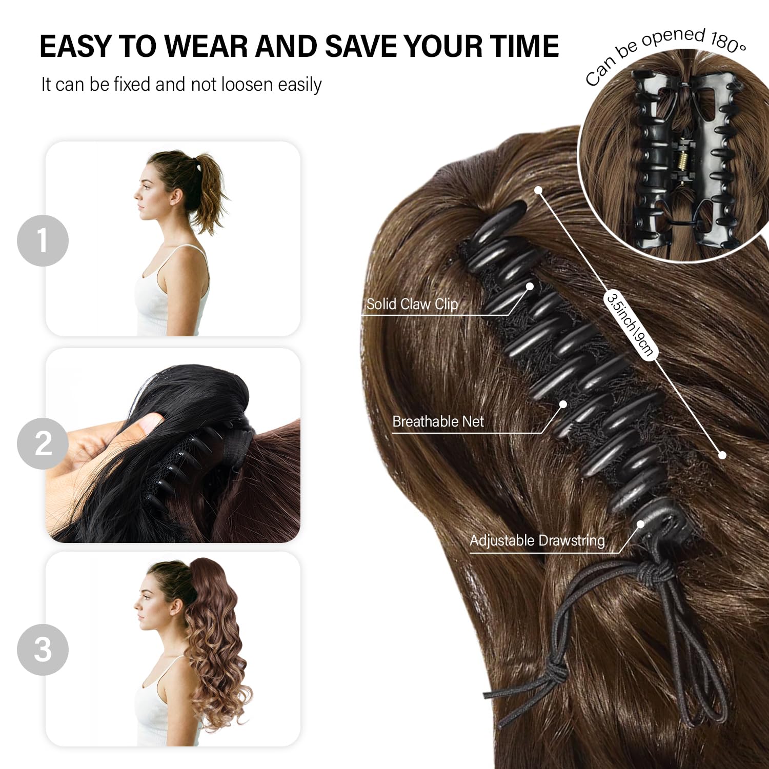 24 Inch Ponytail Extension, Layered Ponytail Extensions for Women, Soft Wavy Claw Clip in Ponytail Extension, Natural Synthetic Hair Pieces for Women (Color: Dark Brown with Honey Blonde Highlights)