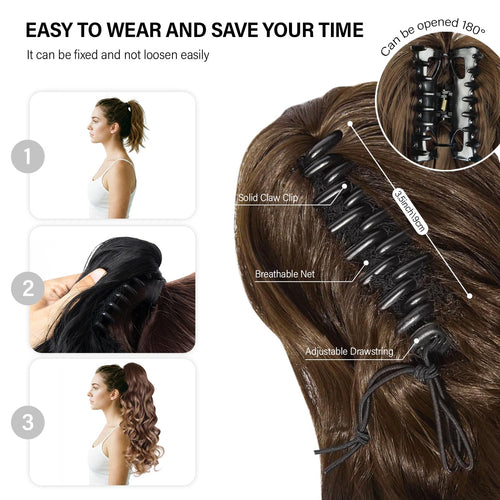 24 Inch Ponytail Extension, Layered Ponytail Extensions for Women, Soft Wavy Claw Clip in Ponytail Extension, Natural Synthetic Hair Pieces for Women (Color: Dark Brown with Honey Blonde Highlights)