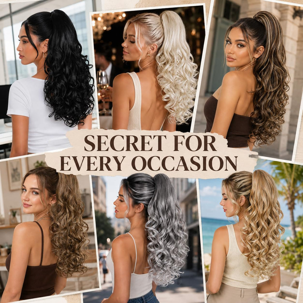 24 Inch Ponytail Extension, Layered Ponytail Extensions for Women, Soft Wavy Claw Clip in Ponytail Extension, Natural Synthetic Hair Pieces for Women (Color: Dark Brown with Honey Blonde Highlights)