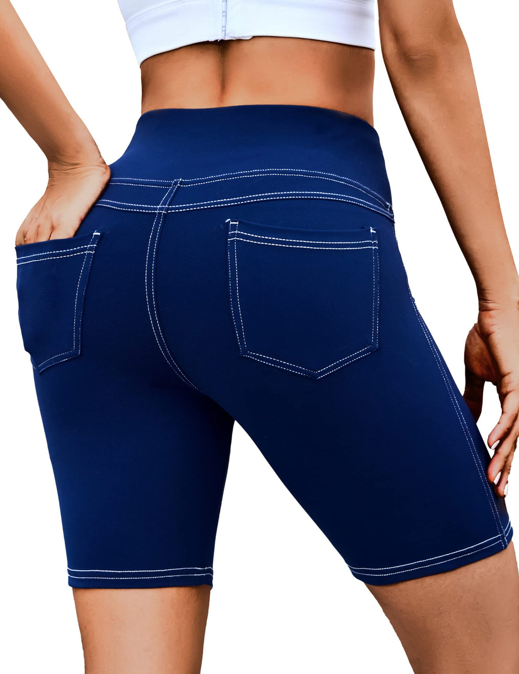 VOOVEEYA 5"/8" High Waisted Yoga Biker Shorts with Pockets for Women - Tummy Control Workout Spandex Gym Shorts(Navy Blue-L)