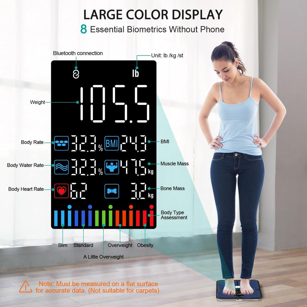 ABLEGRID Rechargeable Digital Bathroom Scale for Body Weight, Smart Scale Tracks 22 Metrics Including Body Fat, BMI, Muscle Mass, Heart Rate, Baby Mode, Large Color Display, 400 lbs