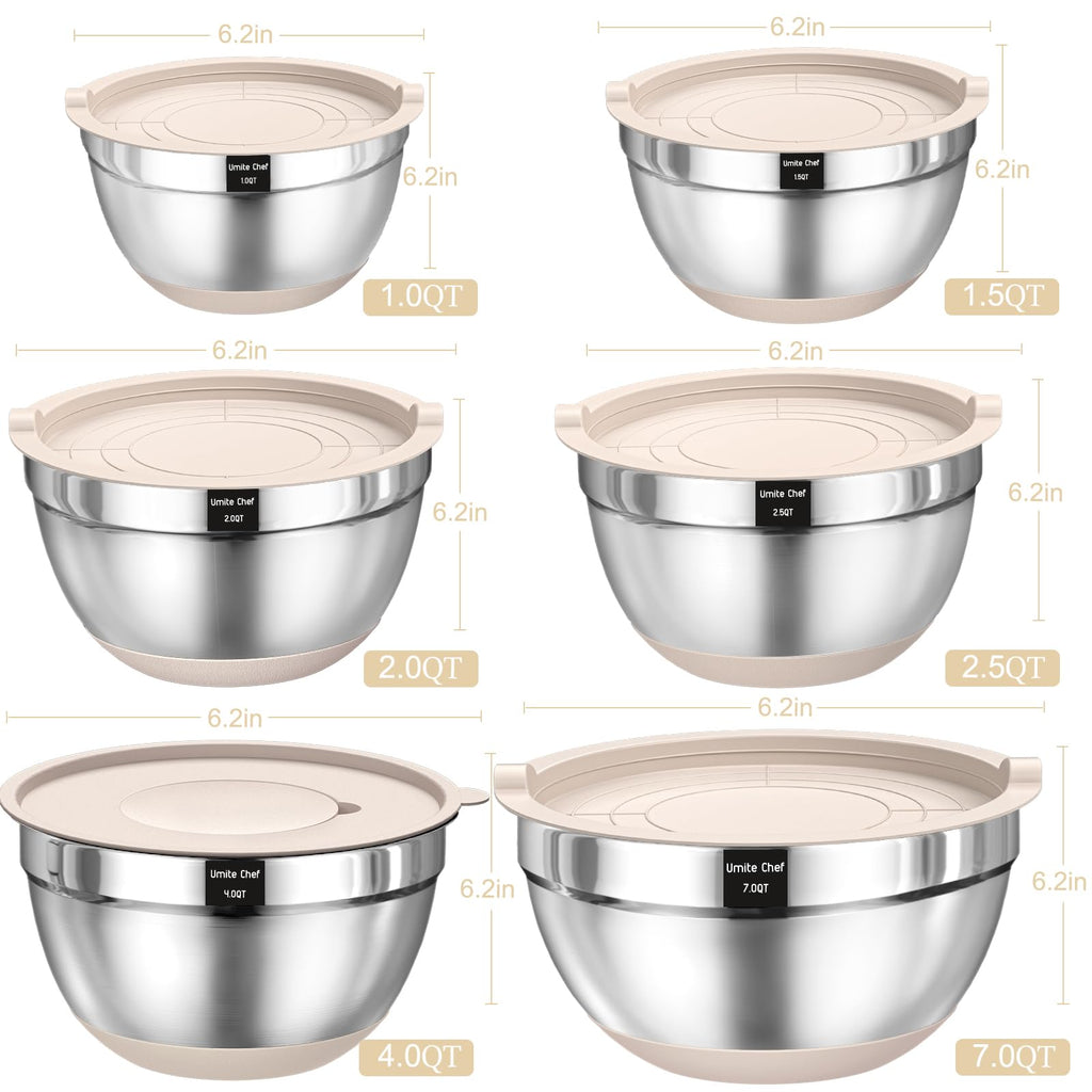 Mixing Bowls with Airtight Lids Set, 26PCS Stainless Steel Khaki Bowls with Grater Attachments, Non-Slip Bottoms & Kitchen Gadgets Set, Size 7, 4, 2.5, 2.0,1.5, 1QT, Great for Mixing & Serving