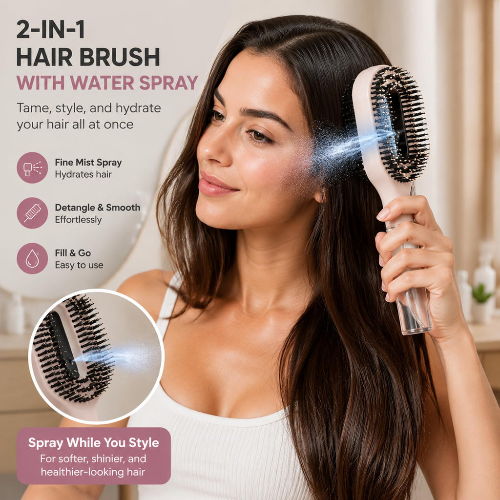 2 in 1 Hair Brush with Water Spray, Misting Brush for Mixed Hair, One-Touch Anti-Flyaway Spray Comb, Simplify Your Haircare, Spraying Hairbrush for Smoother Softer Beard Hair (AquaBrush Rose Pink)
