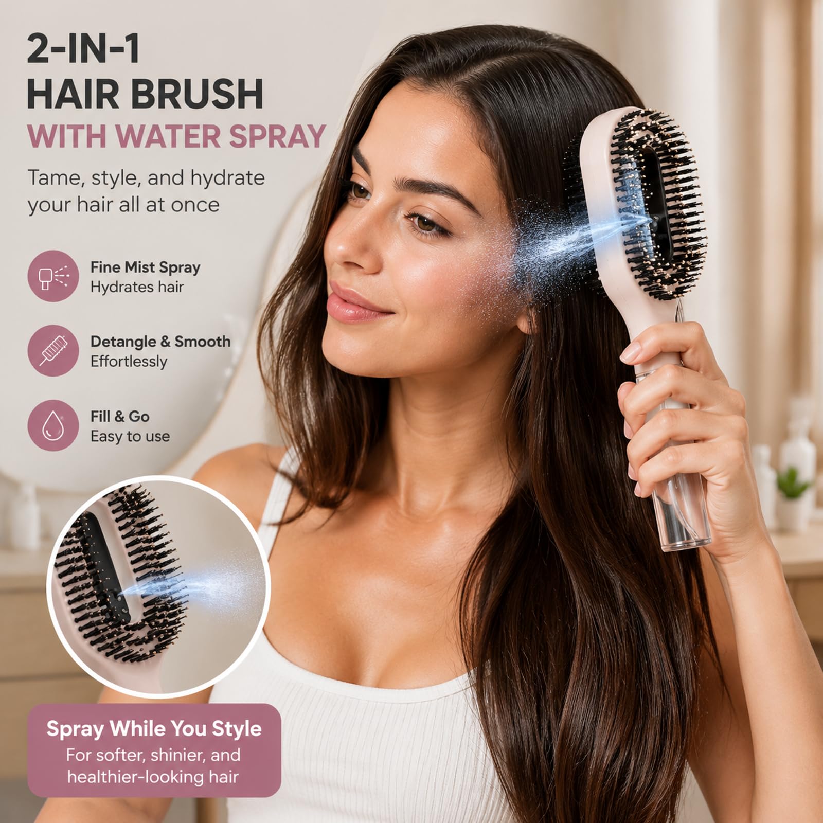 2 in 1 Hair Brush with Water Spray, Misting Brush for Mixed Hair, One-Touch Anti-Flyaway Spray Comb, Simplify Your Haircare, Spraying Hairbrush for Smoother Softer Beard Hair (AquaBrush Rose Pink)
