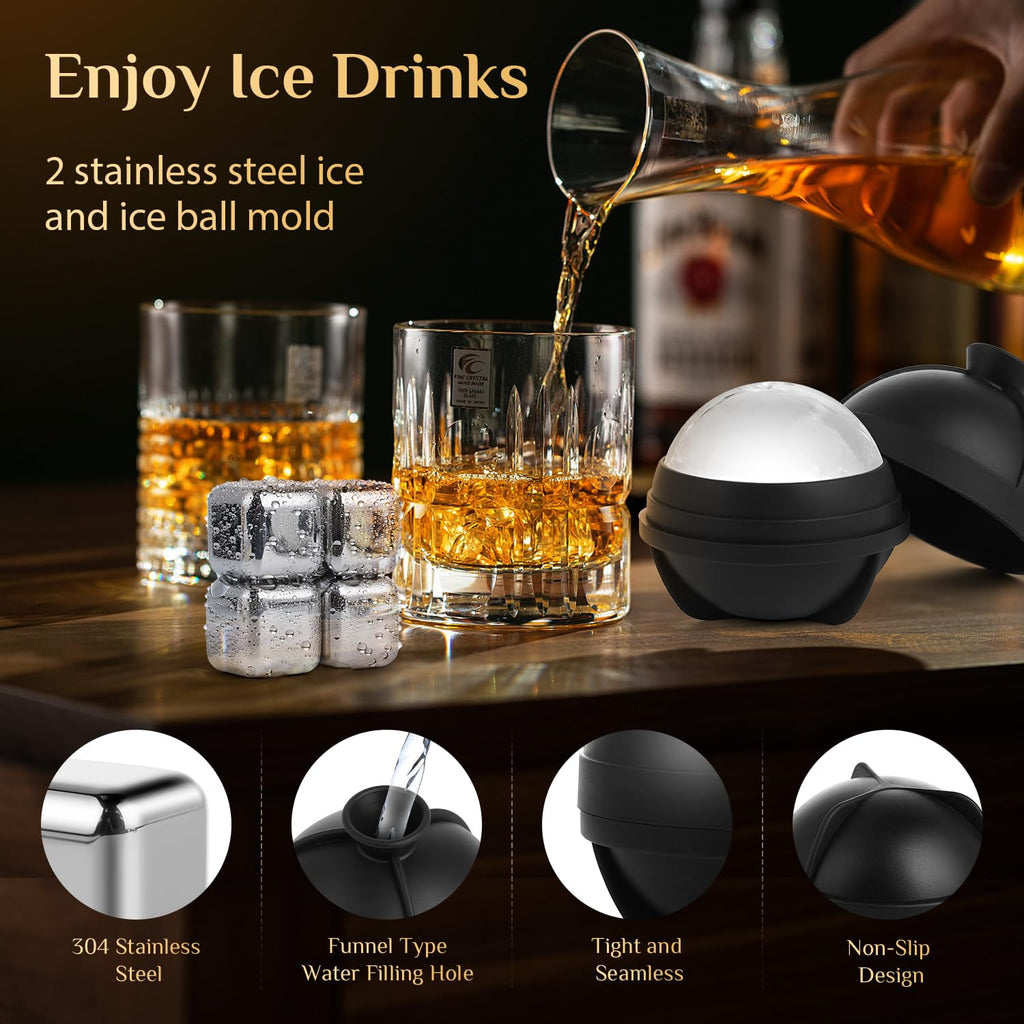 Electric Whiskey Smoker Kit, Torch-Free Rechargeable Cocktail Smoker with 7 Color Lights, Portable Drink Smoker with 10 Wood Chips, Ice Molds & Steel Cubes, Great Gift Idea for Whiskey Lovers