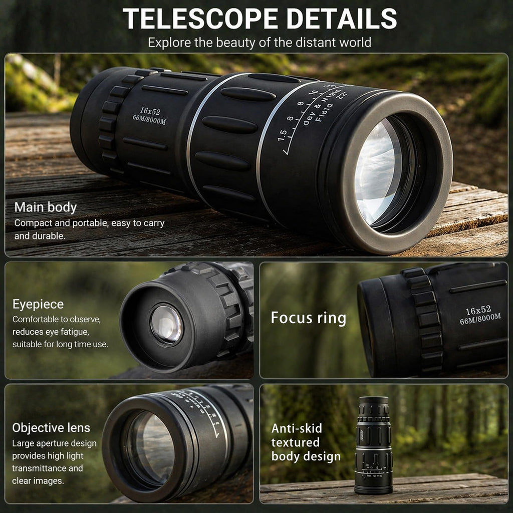 16X52 High Power Monocular Telescope, HD Clear View Portable for Adults, Outdoor Gear for Hiking Hunting, Birthday Gift for Men