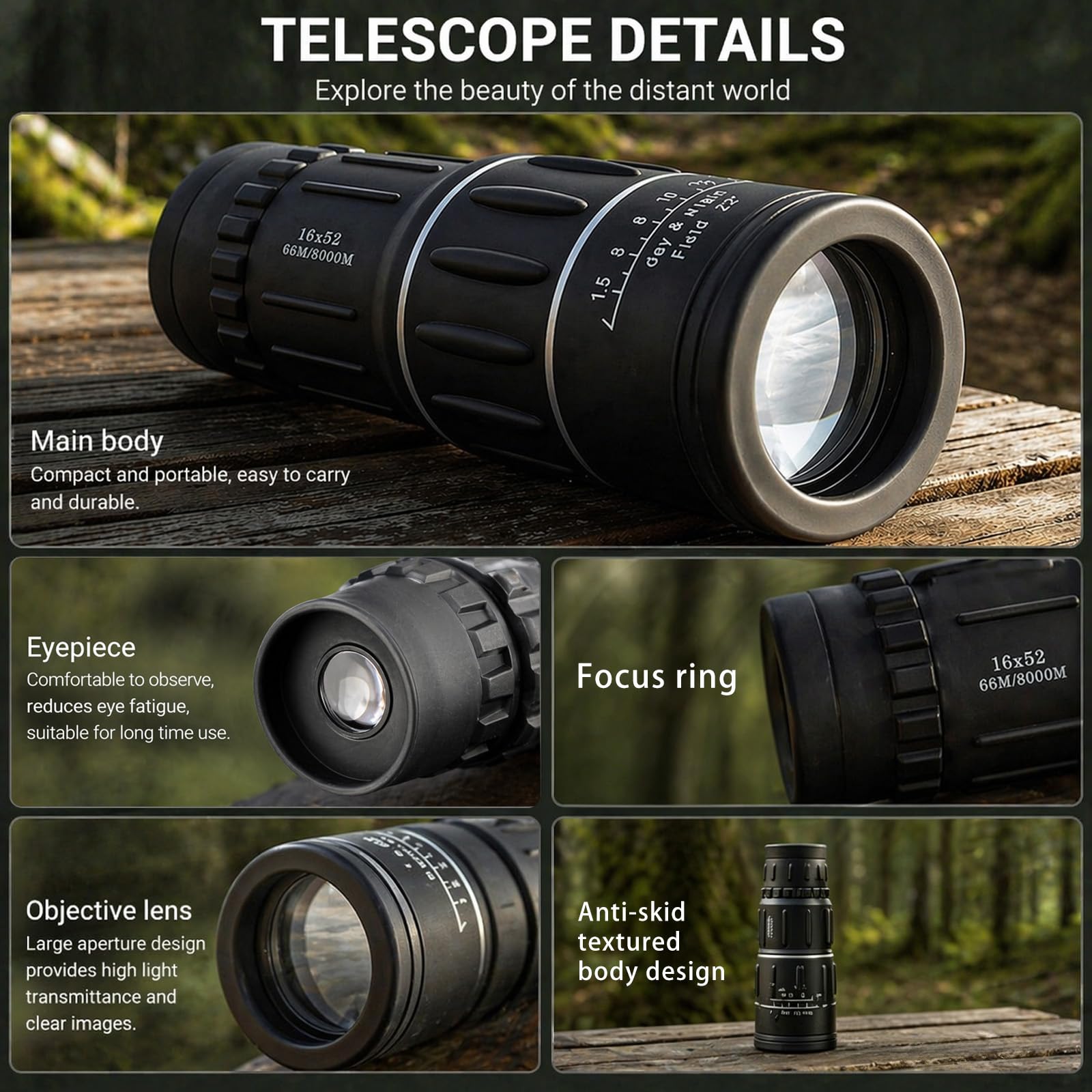 16X52 High Power Monocular Telescope, HD Clear View Portable for Adults, Outdoor Gear for Hiking Hunting, Birthday Gift for Men