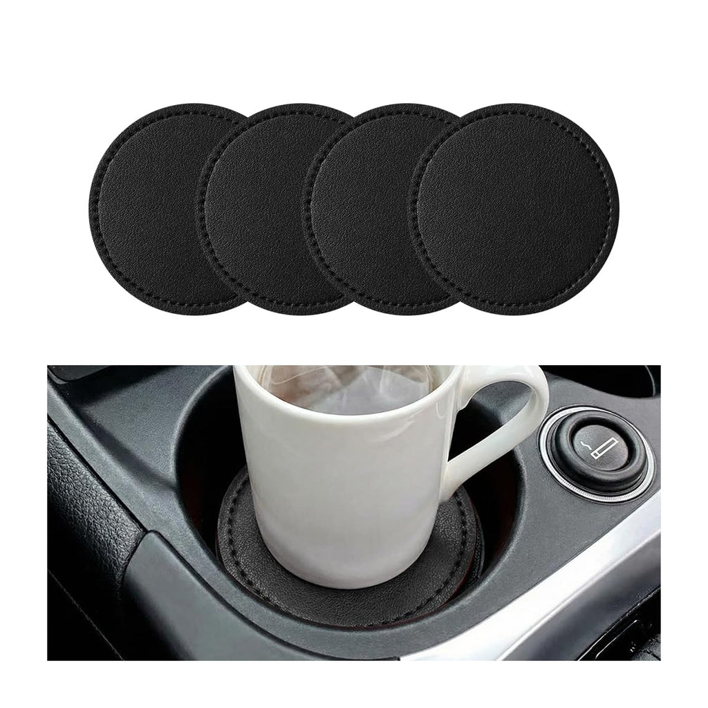 ANFTDCO 4PCS Car Cup Holder Coaster, Leather Insert Non-Slip Vehicle Water Bottle Holder Mat, Dustproof Automotive Interior Drink Protection Pad Ornament, Universal for Most Vehicles (Black)