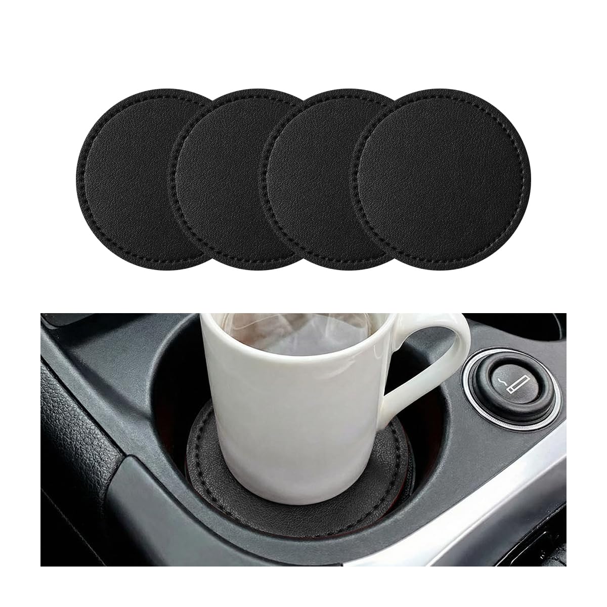 ANFTDCO 4PCS Car Cup Holder Coaster, Leather Insert Non-Slip Vehicle Water Bottle Holder Mat, Dustproof Automotive Interior Drink Protection Pad Ornament, Universal for Most Vehicles (Black)