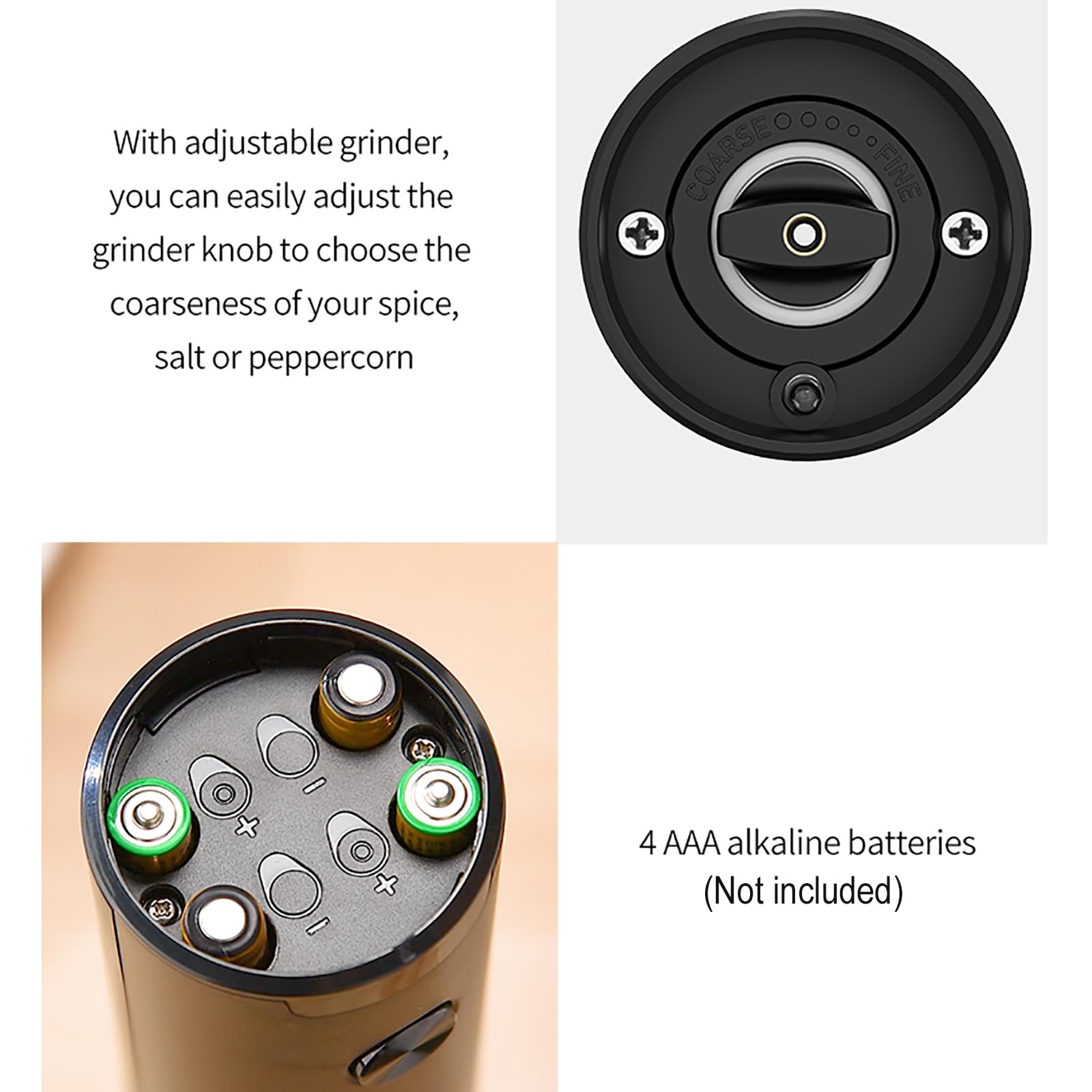Electric Salt and Pepper Grinder,Spice Mill, One Hand Automatic Pepper Mill, Adjustable Coarseness, Grinder Shakers with LED Light