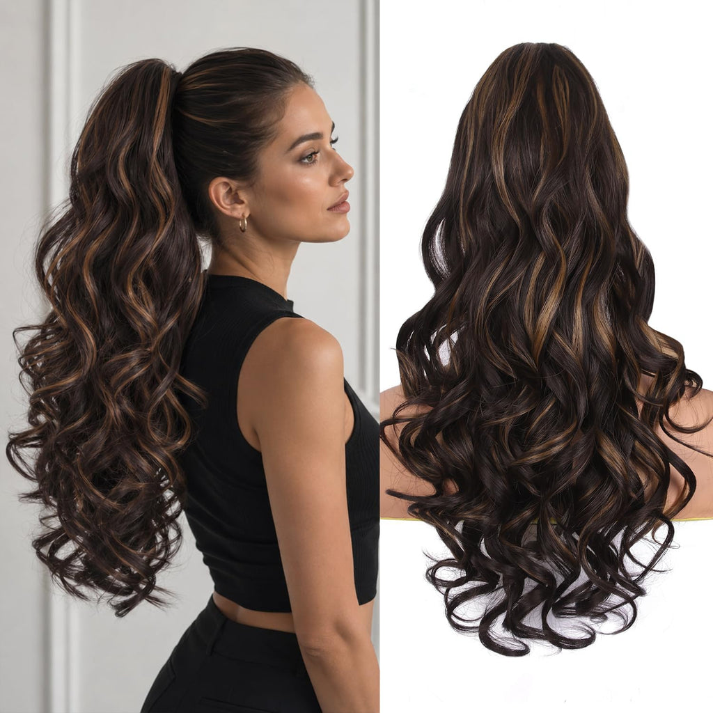 24 Inch Ponytail Extension, Layered Ponytail Extensions for Women, Soft Wavy Claw Clip in Ponytail Extension, Natural Synthetic Hair Pieces for Women (Color: Dark Brown with Honey Blonde Highlights)