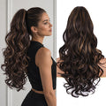 24 Inch Ponytail Extension, Layered Ponytail Extensions for Women, Soft Wavy Claw Clip in Ponytail Extension, Natural Synthetic Hair Pieces for Women (Color: Dark Brown with Honey Blonde Highlights)