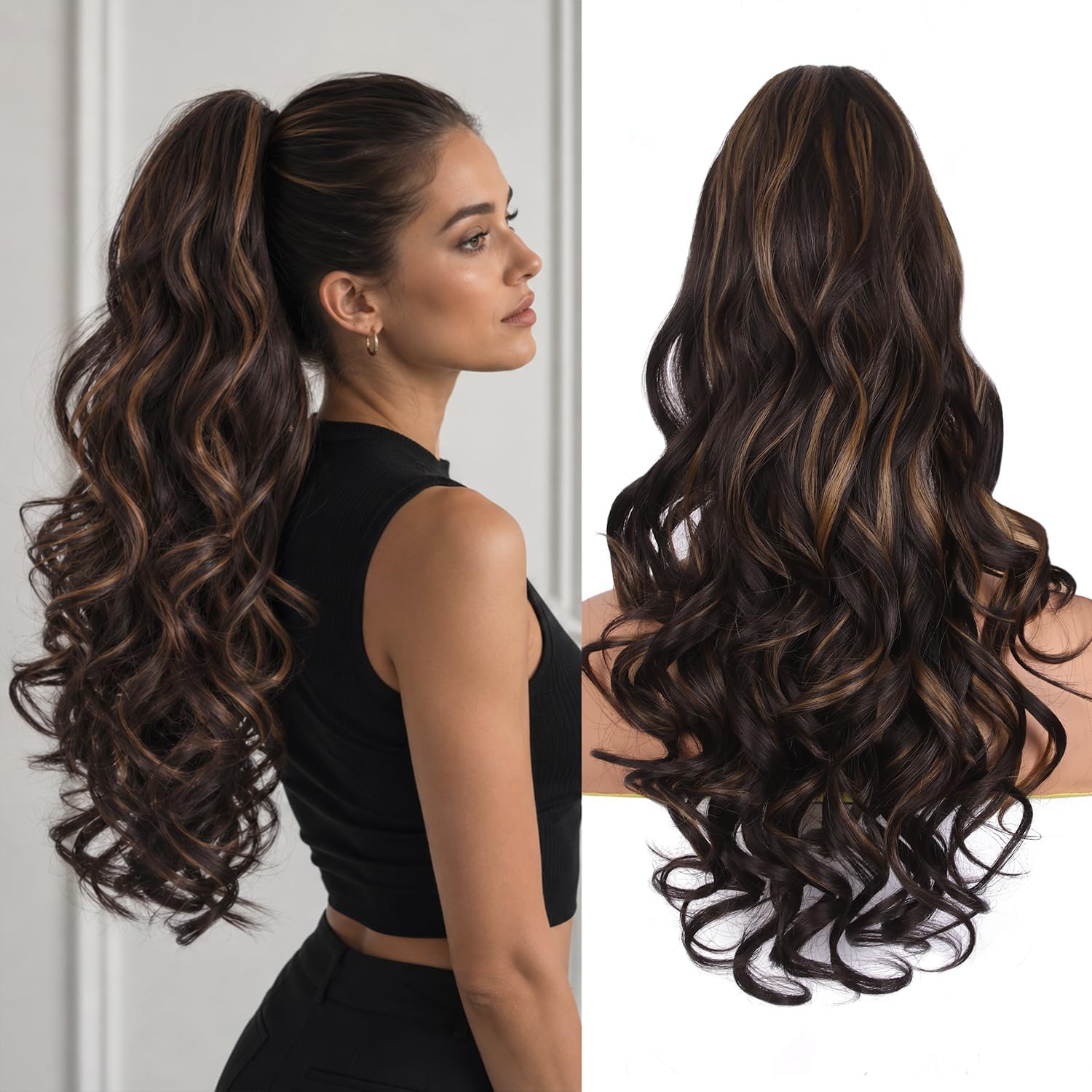 24 Inch Ponytail Extension, Layered Ponytail Extensions for Women, Soft Wavy Claw Clip in Ponytail Extension, Natural Synthetic Hair Pieces for Women (Color: Dark Brown with Honey Blonde Highlights)