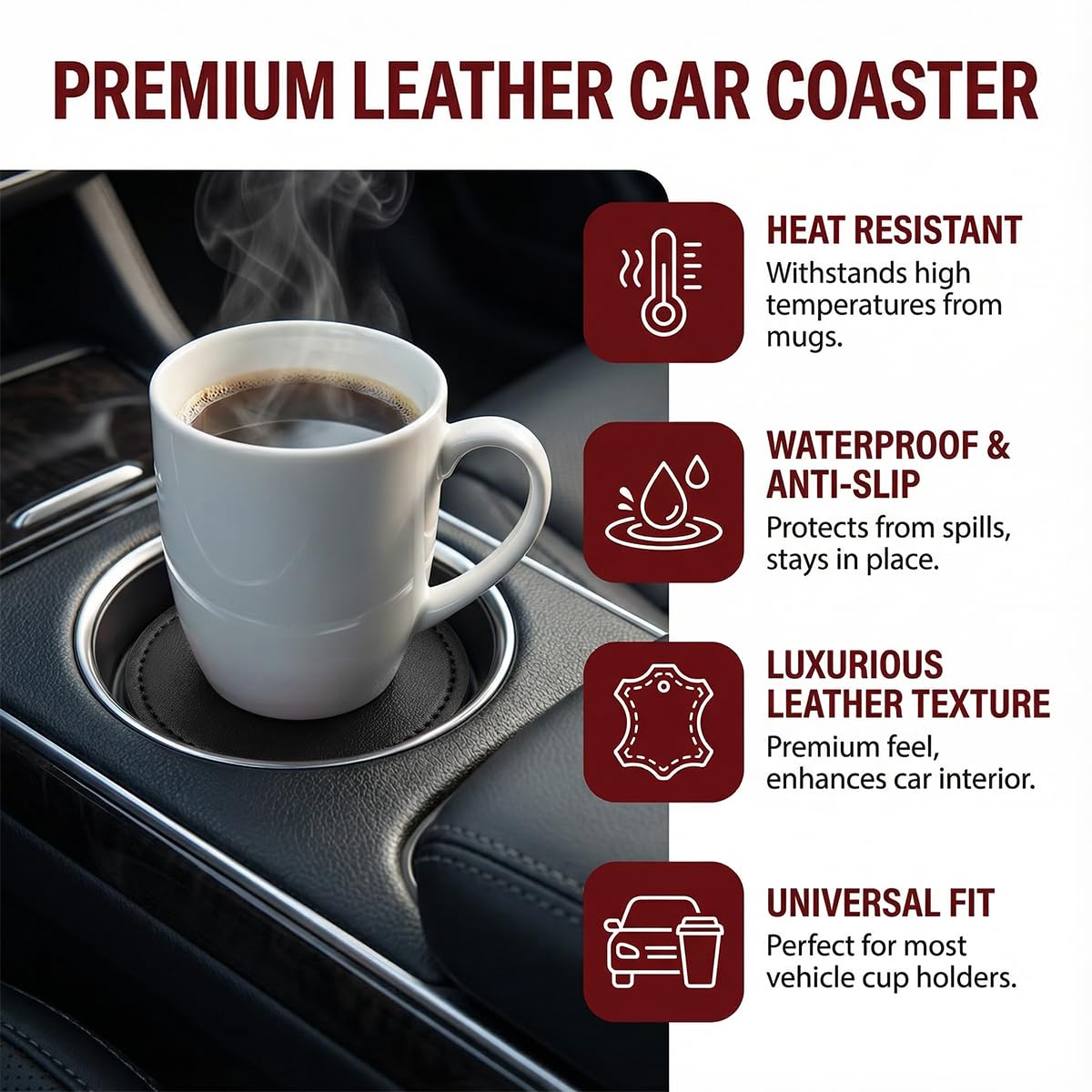 ANFTDCO 4PCS Car Cup Holder Coaster, Leather Insert Non-Slip Vehicle Water Bottle Holder Mat, Dustproof Automotive Interior Drink Protection Pad Ornament, Universal for Most Vehicles (Black)