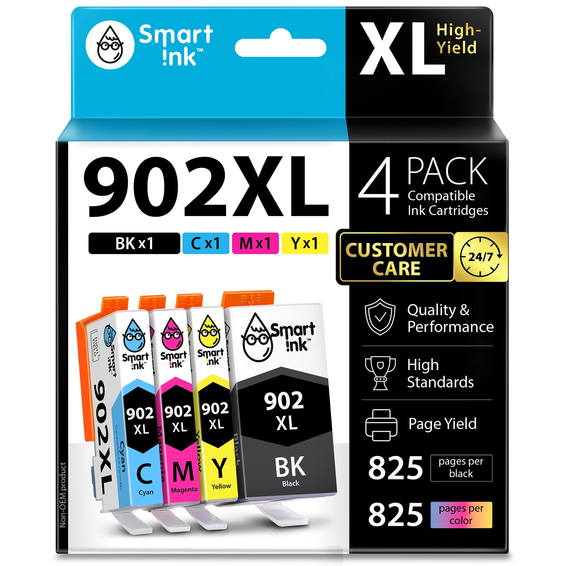 Smart Ink Compatible Ink Cartridge Replacement for HP 902 XL 902XL (4 Combo Pack) to use with Officejet Pro 6978 6968 6974 6975 6960 Officejet 6951 6954 6956 6958 Printers