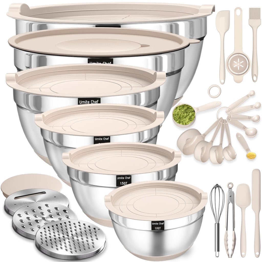 Mixing Bowls with Airtight Lids Set, 26PCS Stainless Steel Khaki Bowls with Grater Attachments, Non-Slip Bottoms & Kitchen Gadgets Set, Size 7, 4, 2.5, 2.0,1.5, 1QT, Great for Mixing & Serving