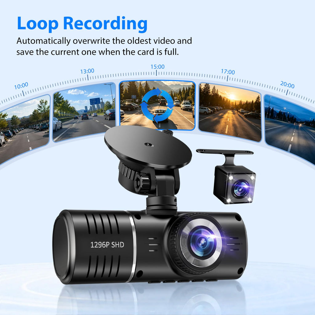 Dash Cam Front and Rear, 1296P Dash Camera for Cars, 3 Channel Car Camera Front Rear and Inside with 32GB Card, Loop Recording, Night Vision, HDR, 24Hr Parking, G-Sensor