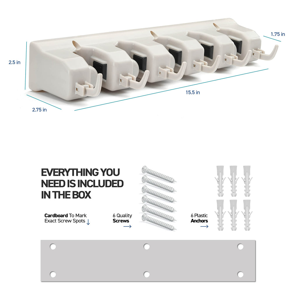 HOME IT Broom and Mop Holder Wall Mount – Heavy Duty Garage Organizer with 5 Slots & 6 Hooks, 7.5lbs Capacity Per Slot - Easy Install Storage Rack for Home, Kitchen, Laundry Room & Garden - Off-White