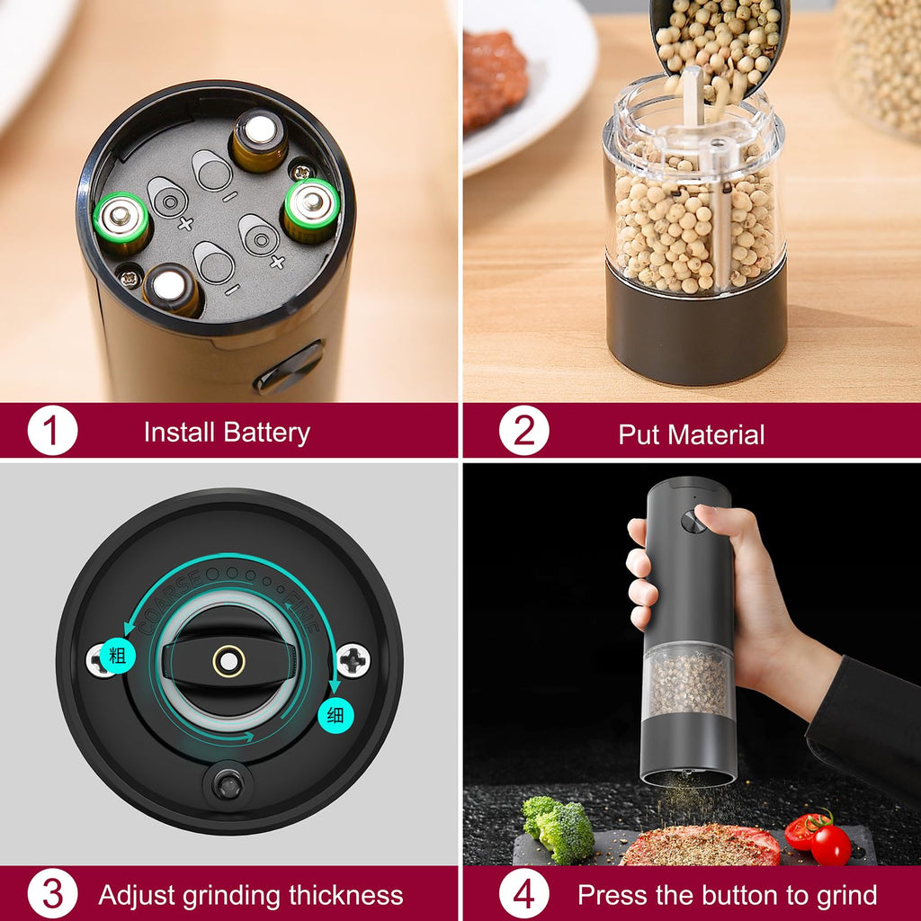 Electric Salt and Pepper Grinder,Spice Mill, One Hand Automatic Pepper Mill, Adjustable Coarseness, Grinder Shakers with LED Light