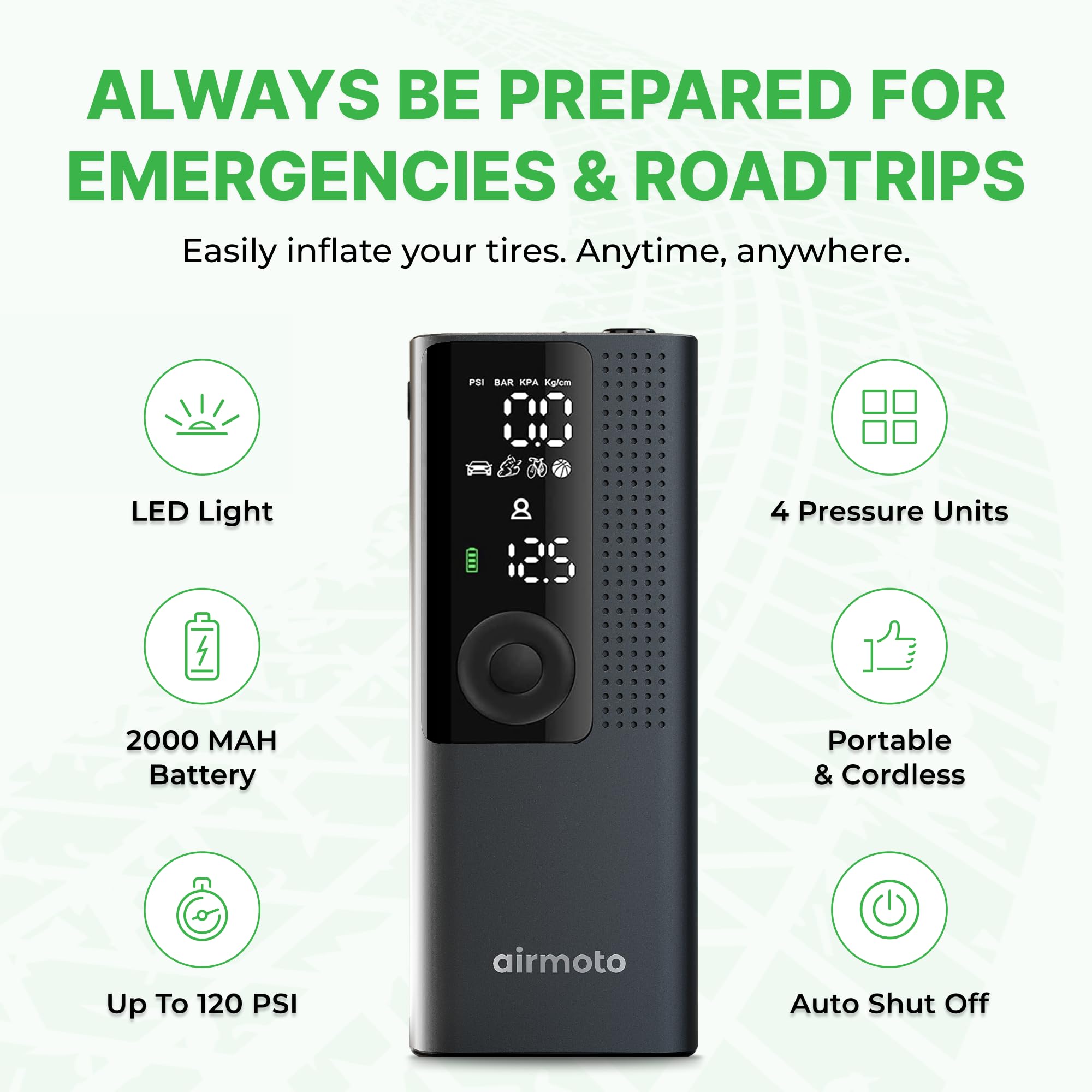 Airmoto Tire Inflator Portable Air Compressor - Air Pump For Car Tires with Digital Pressure Gauge, LED Light and Auto Shut-Off Function - Cordless Pump for Car, Motorcycle, Bicycle, Ball